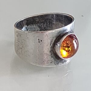 Amber Stone Sterling Silver Ring Size 9.5 Retro Modern Jewelry